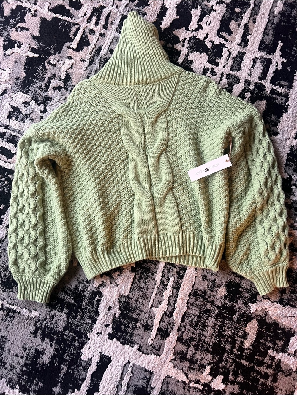 Woven Heart Sage Green Cable Turtleneck Cropped Sweater